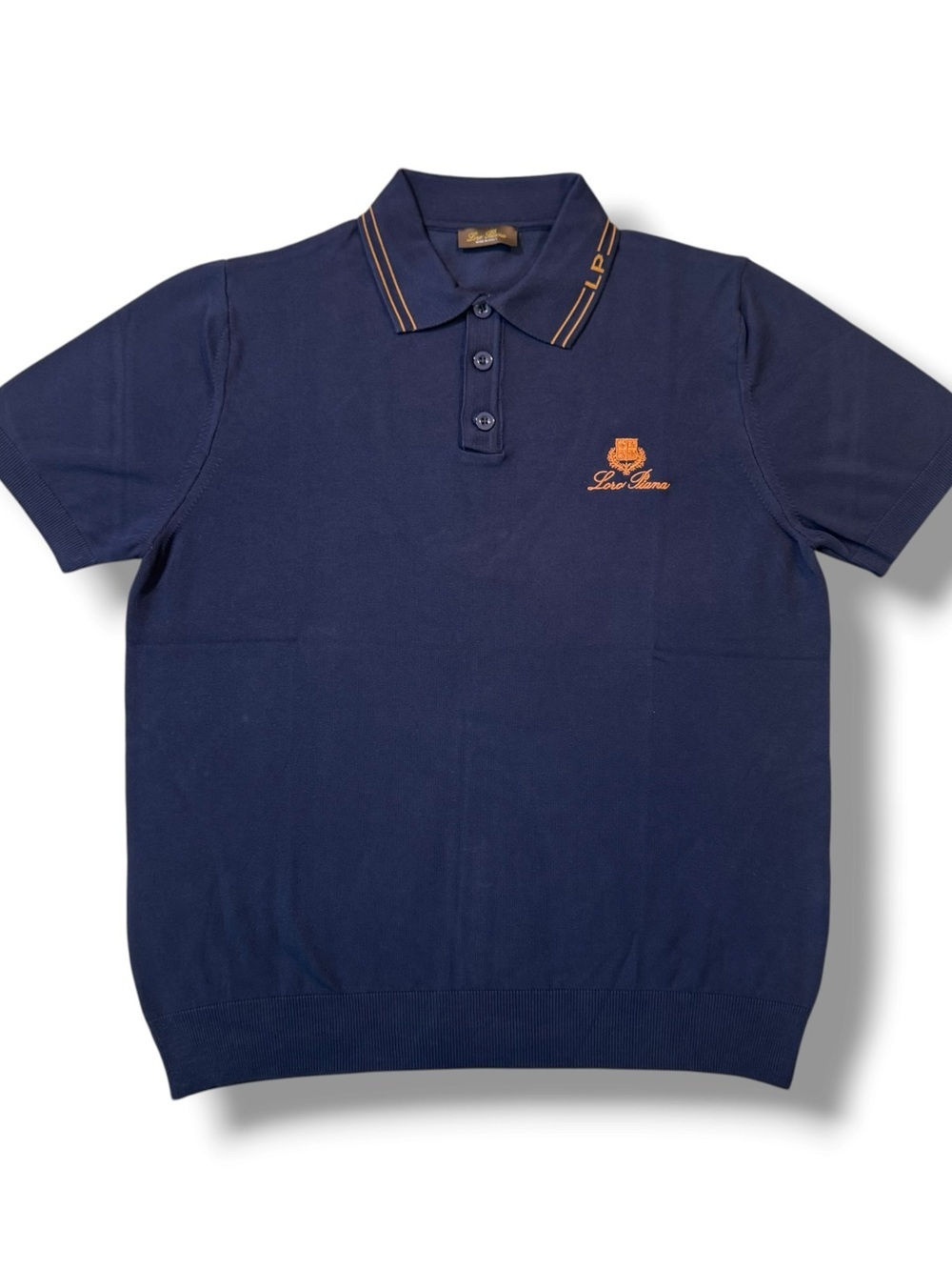 Loro Piana Men’s Large Navy Polo Shirt with Orange Logo and Collar Trim